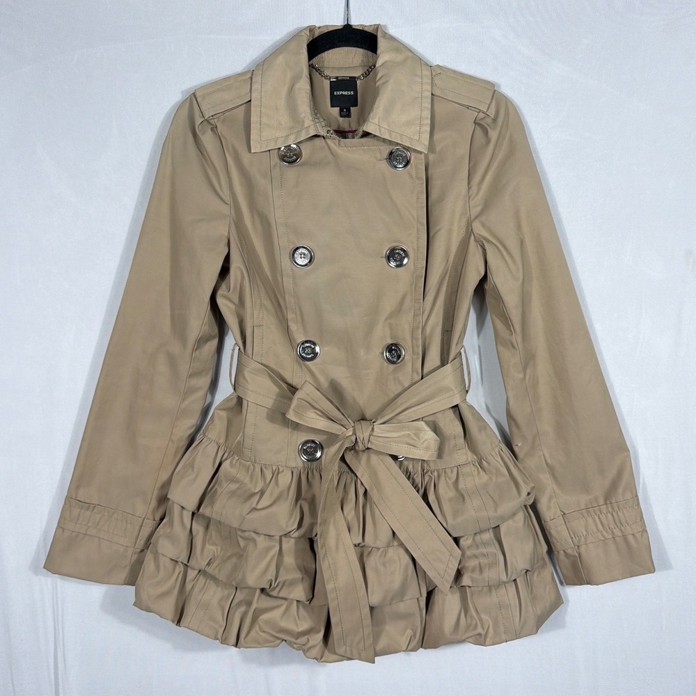 Vtg EXPRESS Trench Coat Sm Tan Belted Ruffle Tiered Hem Double Breasted Y2K Chic